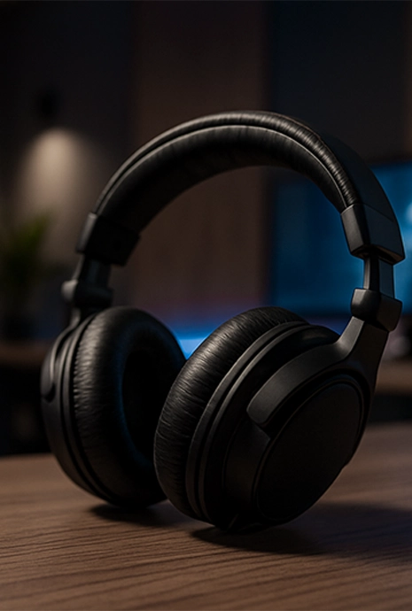 Studio-Kopfhörer im Tonstudio - Symbol für Sprecher-Demos und Sprachaufnahmen in Studioqualität auf der Startseite